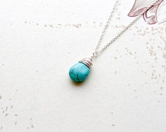 Sterling Silver Turquoise Necklace Gemstone Necklace Hand Wrapped Pendant Gifts for Her, Boho Necklace