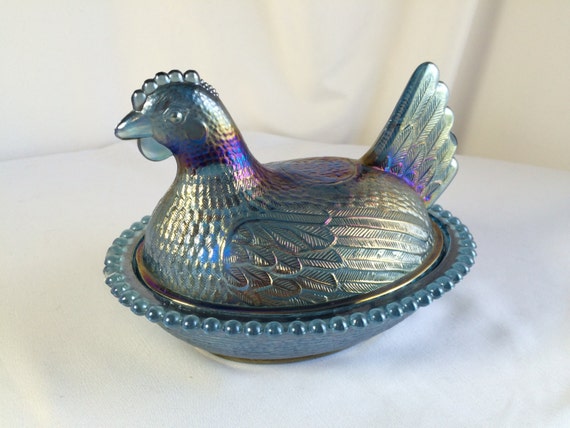 Blue Carnival Glass Chicken Bowl Iridescent Glass Glass Hen