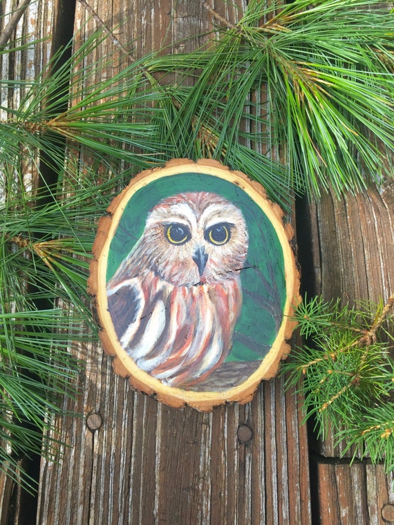 Painted Owl Wood Slice Rustic Art Owl Painting Painted