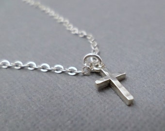 Silver Cross Necklace, Tiny. Free Shipping. Sterling Silver Pendant ~ Hammered Silver Cross ~ Simple Minimal ~ Dainty Delicate ~ 3/8"