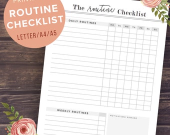 Daily Routine Chart: Morning Routine Checklist A5/A4/Letter Size, Printable Planner Pages, Weekly, Chore, Day, Night time, Bedtime, Regular