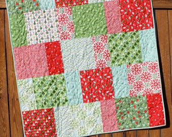 Aqua Christmas Quilt, JOY Quilt, Snowflake Quilt, Red Green White Handmade Joy Blanket, Lap quilt, child quilt, Handmade Christmas Quilt