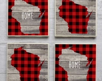 Wisconsin Coasters, Wisconsin Home, Wisconsin Coaster, Plaid Wisconsin, Rustic Wisconsin Coasters, Wisconsin, Wisconsin Decor, Plaid Coaster