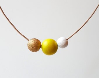 Gold, Yellow, White Wooden Bead Statement Necklace