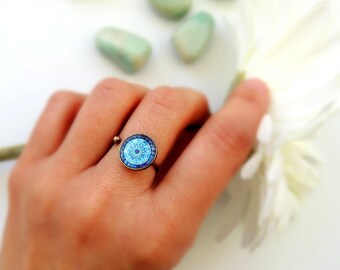 Healing Ring MOON MANDALA Ring Blue Mandala Jewelry Healing Jewelry Statemente Ring Ajustable Ring Mandala Art Print Brass Boho Ring