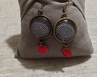 Earrings cabochon and sequin - geometric - red & Black