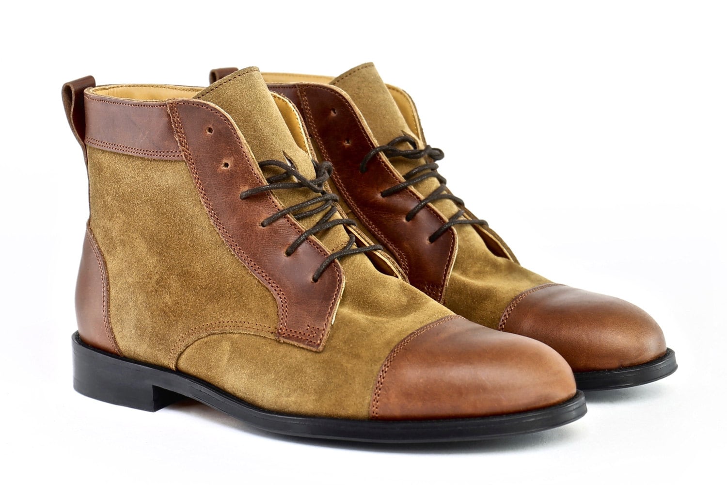 Men Handmade Balmoral Ankle Boots in Brown Leather and Mustard