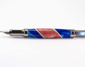Fountain Pen | Gun Metal Vertex Fountain Pen with Magnetic Cap | Unique Barrel with Red Maple Burl & Blue Acrylic | Turned by House of Pens