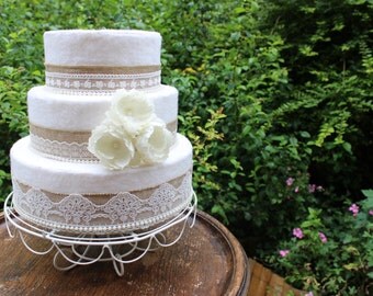 Wild Rose Flower Vintage Lace Pearl Hessian Burlap Cake Topper Set Wild Rose Flower Vintage Lace Pearl Hessian Burlap Cake Topper Set