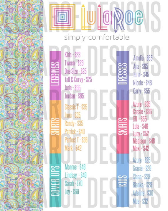Updated LuLaRoe Price List Sheet Paisley by lularoedesigns on Etsy