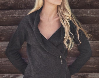 Knitted wool cardigan, Organic wool wrap, Natural black wool jumper, Hand knitted wool top, Organic soft wool cardigan,Women's wool knitwear