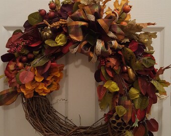 Autumn Wreath, Fall Wreath, Door Wreath, Fireplace Wreath, Thanksgiving Wreath, Fall Decor, Burgundy, Rust &Green Wreath, Gift idea
