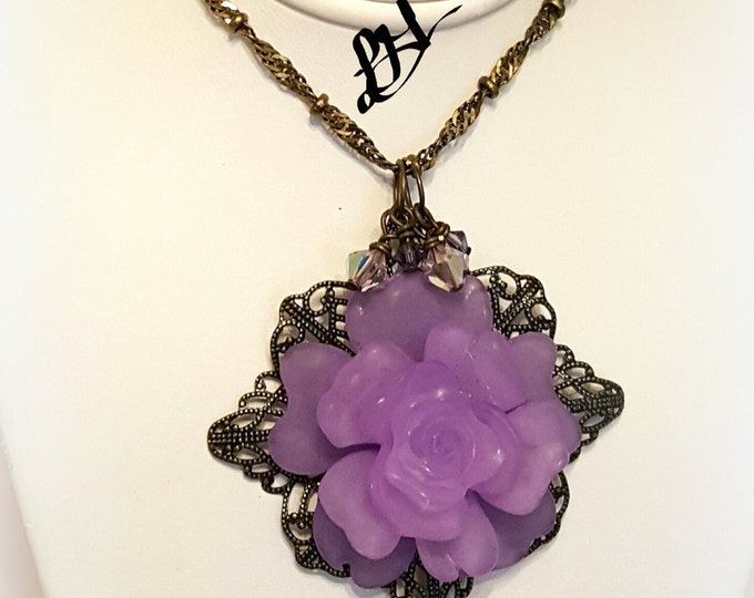 Lavender Rose Necklace, Floral Jewelry, Statement Necklace, Swarovski Necklace, Romantic Jewelry, Victorian Style, Vintage Jewelry