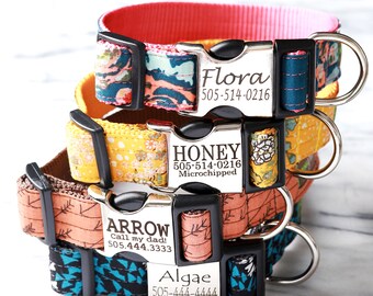 Personalized Lazer Engraved Metal Buckle Dog Collar - 5 Cotton Voile styles to choose from