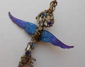 Large Winged Clockwork Key Pendant -- Steampunk Purple-Blue Inked Feathered Winged Key, Brass Gears, Swarovski Crystals (A Key to Time)