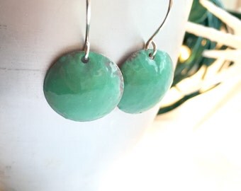 Aquamarine Earrings, Enameled Copper Earrings, Geometric Earrings, Circle Earrings, Rustic Earrings, Gift for Wife, Dangle Earrings