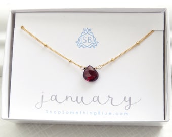 January Birthday Gift • Simple Garnet Necklace • Dotted Satellite Chain • Garnet Birthstone • Red Faceted Teardrop • Deep Red Gemstone