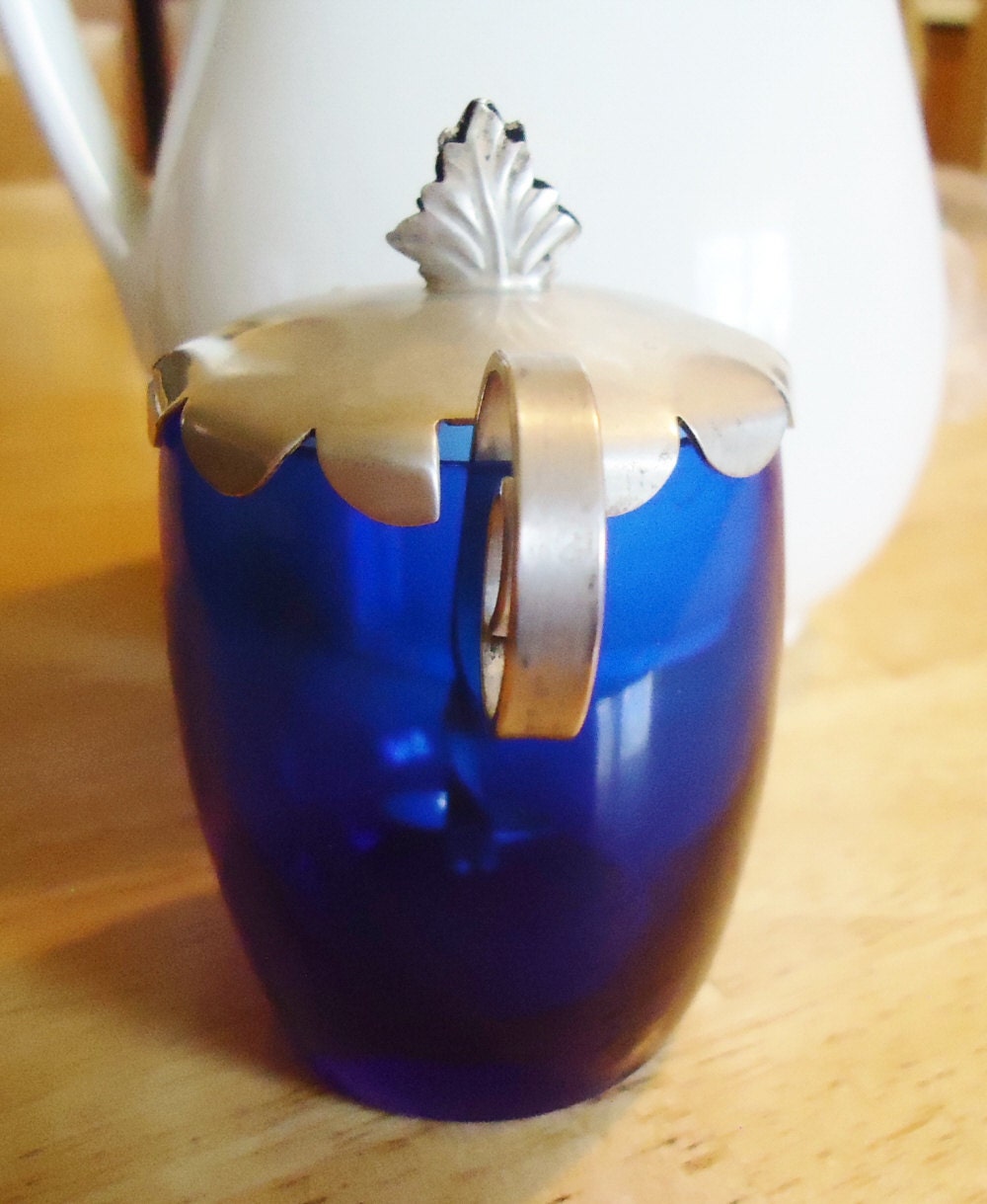 Bright Cobalt blue glass sugar bowl with sterling silver lid