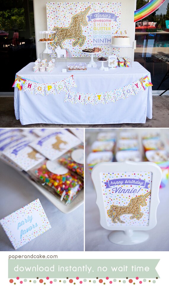 Unicorns and Rainbows Birthday PRINTABLE Party Collection - You Customize EDITABLE TEXT >> Instant Download | Paper and Cake Il_570xn