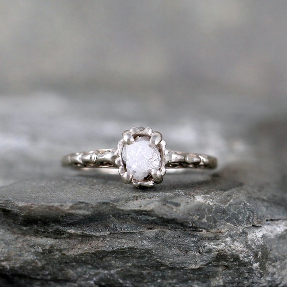 14K White Gold Raw Diamond Engagement Ring -Filigree Ring - Antique ...