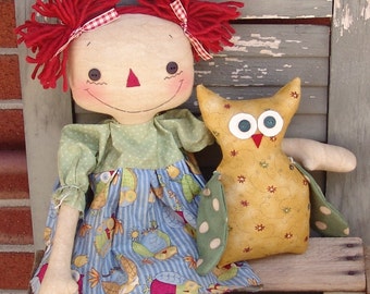 Primitive Raggedy Ann Doll pattern, raggedy doll with owl, 20" rag doll, sewing pattern, owl pattern, PRINTED PATTERN HFTH201