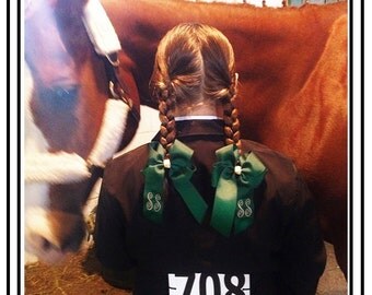 EQUESTRIAN HAIR BOWS, Monogrammed Equestrian hair bows,Horse Show Hair Bows, Personalized hair bows, Classic with tails Bowdangle tm