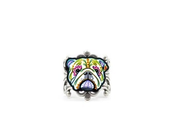 English Bulldog Ring - Day of the Dead Sugar Skull Dog - Adjustable Band