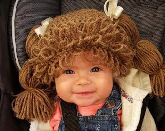 Cabbage Patch Hat, You Pick the Color 11 colors to choose from, Sizes Newborn to Large Adult Halloween wig costume Pigtails hat with ribbon