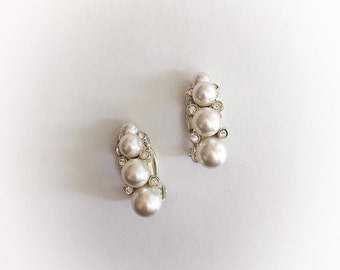 Vintage Faux Pearl and Rhinestone Earrings Clip On