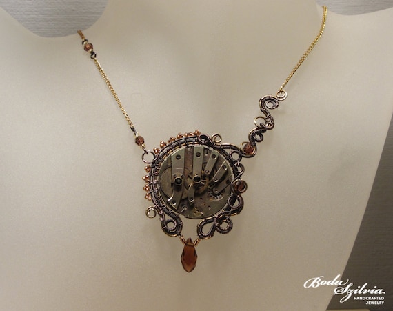 copper and brass STEAMPUNK NECKLACE - steampunk pendant, steampunk choker, crystal necklace, statement jewelry, steampunk jewelry, ooak by bodaszilvia steampunk buy now online