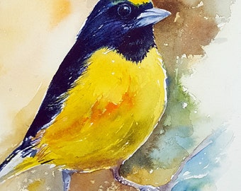 Yellow Bird Original Watercolor Painting Wall Art