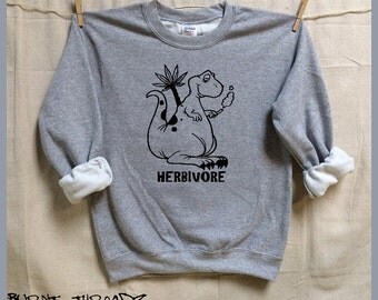 Herbivore the Marijuana smoking Dinosaur. Unisex Gray Slouchy Sweatshirt. Men Women clothing. Weed. Reefer. Pot. Joint. Legalize it. Trex