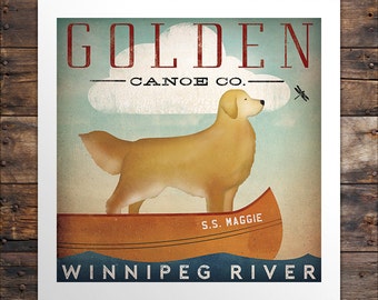 CUSTOM Golden Dog Canoe Company Golden Retriever Canoe Ride Graphic Art Giclee Print Signed