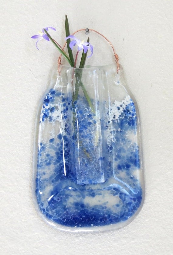 Small Recycled Jar Vase Fused Glass Wall Hanging Vase Blue