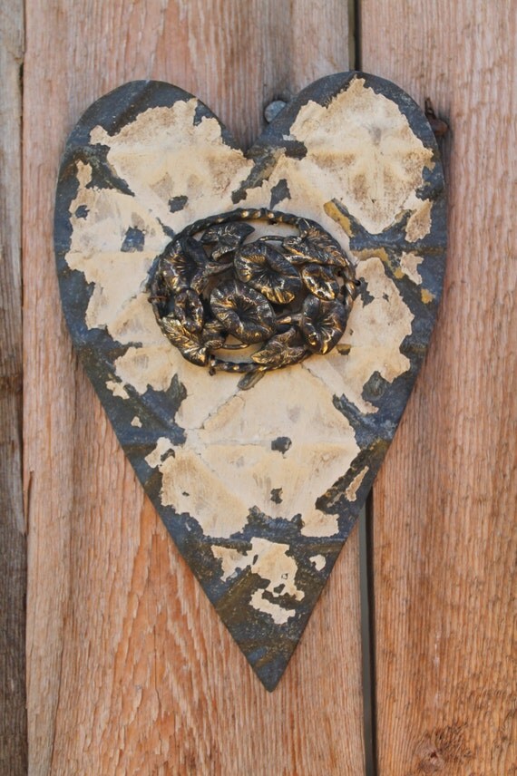 handmade hanging heart made from vintage ceiling tin/ceiling