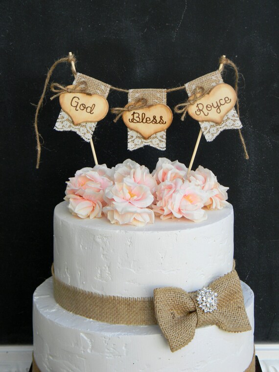 God Bless Christening Baptism Cake Topper Burlap &amp; Lace