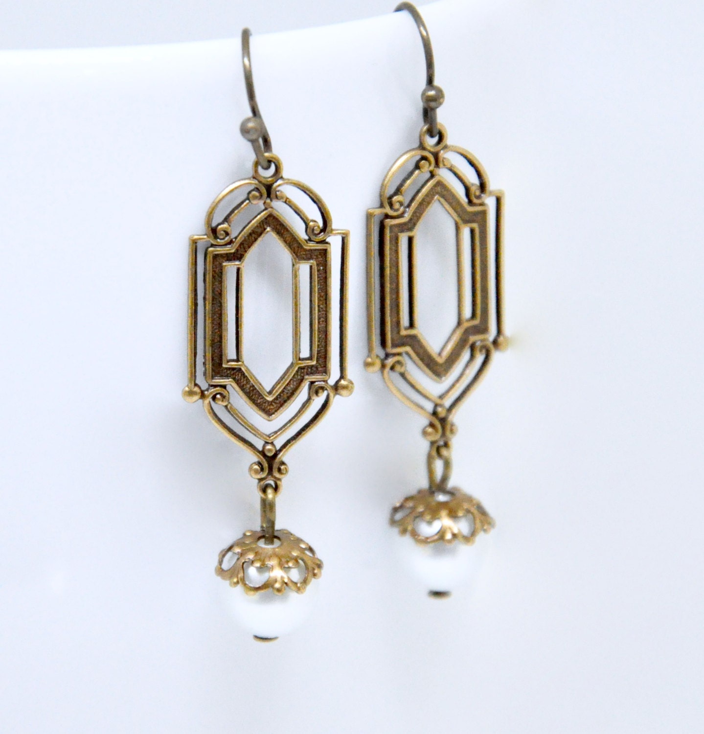 White Pearl Earrings Art Nouveau Earrings Long Pearl