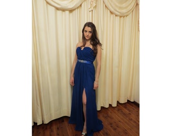 Vintage Strapless Royal Blue Full Floor Length Formal Evening Dress Maid of Honour Bridesmaid Dress With Beaded Belt Details and Sexy Split