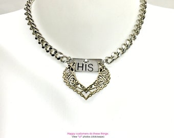 BDSM Collar Evening Formal Submissive Choker Engraved "HIS" Princess BRONZE Necklace Stainless Steel Chain Lockable Swarovski Rhinestone