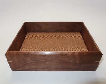 Walnut Valet Box. Wooden Tray Upholstered in Designer Leather. 7.75" x 6" x 2"
