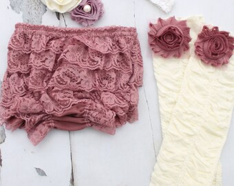 Newborn Baby Girl Coming Home Outfit Set of up to 4 Items, Lace Diaper Cover, Ruffle Rose Leg Warmers, Headband. Valentine's & Easter Outfit