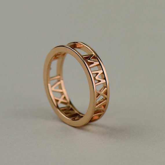 14k 18k Rose Gold Personalized Roman Numeral Ring. Custom