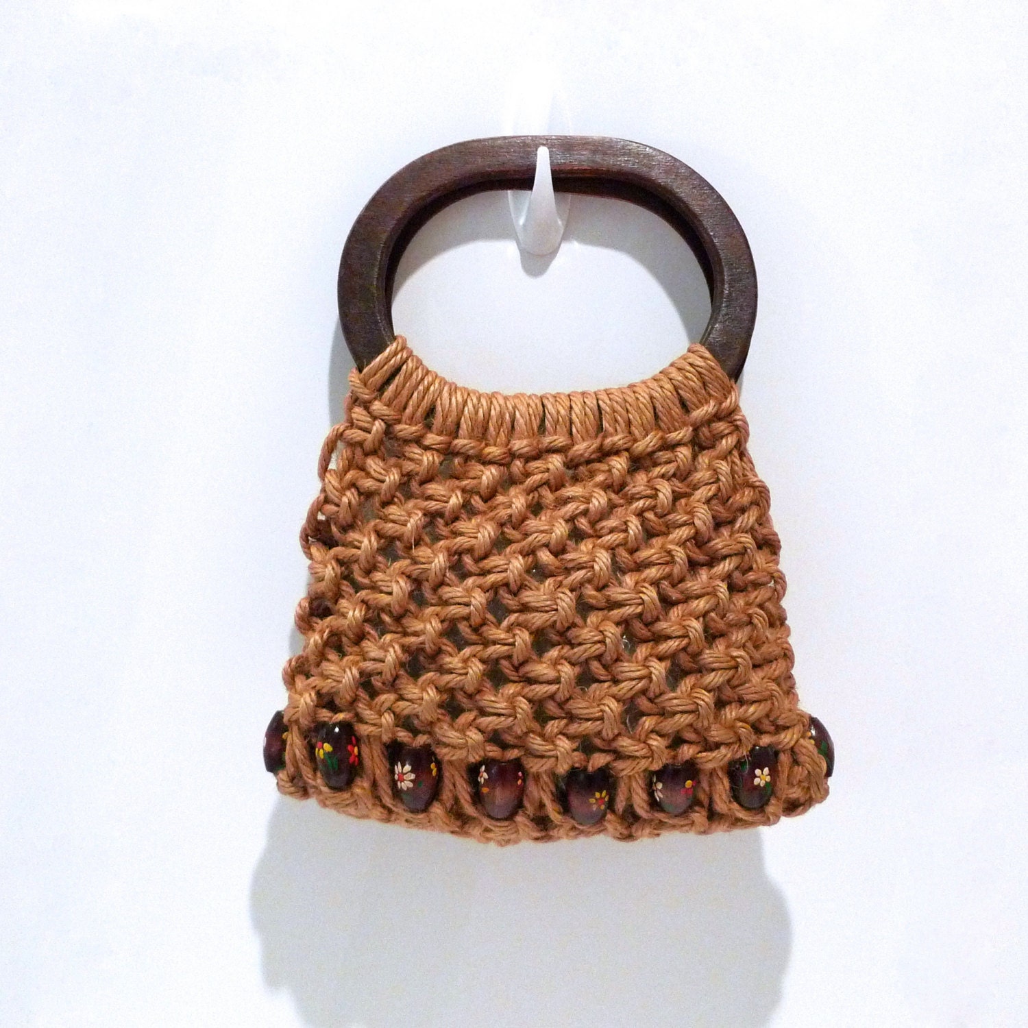 Macrame Bag Vintage Beaded Hand Knotted Purse 1970s 1980s