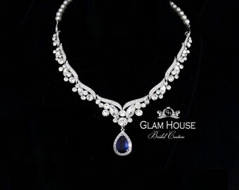 Sapphire Bridal Necklace,pearl jewelry,wedding necklace,wedding jewelry,crystal bridal necklace,vintage weddings,art deco necklace
