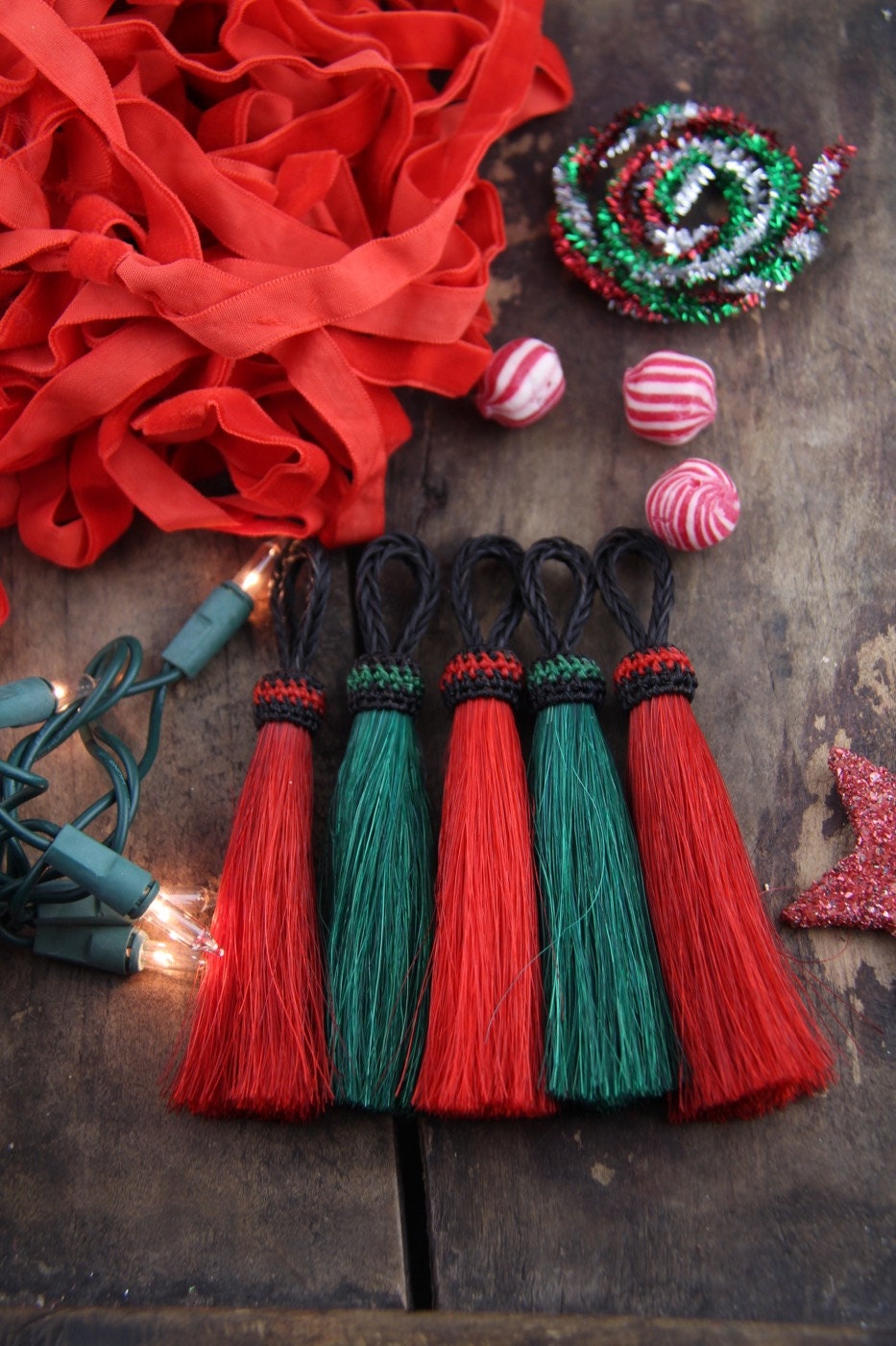 Red Green Horse Hair Tassels Handmade Holiday by