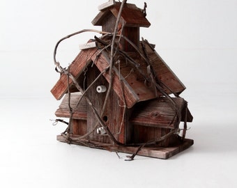 vintage folk art bird house, primitive garden decor, rustic country art