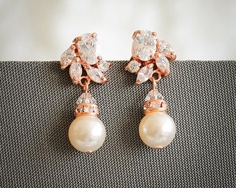 Rose Gold Bridal Earrings, Art Deco Crystal Wedding Earrings, Swarovski Pearl Drop Earring, Zirconia Earrings, Wedding Jewelry, HONORA
