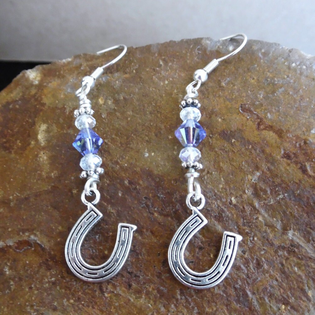 Horse Shoe Earrings Handmade Crystal Dangle Purple Chandelier