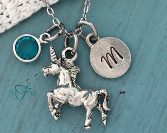 Unicorn Charm Necklace, Personalized Necklace, Silver Pewter Unicorn Charm, Custom Necklace, Swarovski Crystal birthstone, monogram
