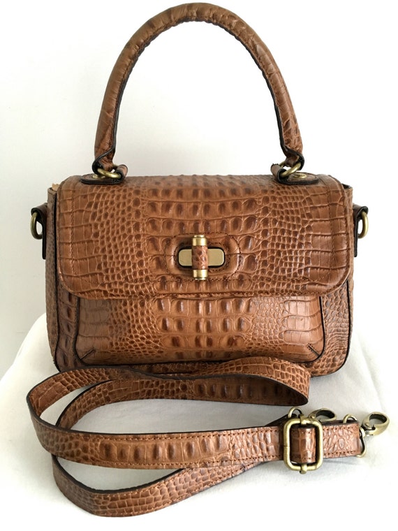 Etienne Aigner Tan Crocodile Embossed Leather Handbag Shoulder